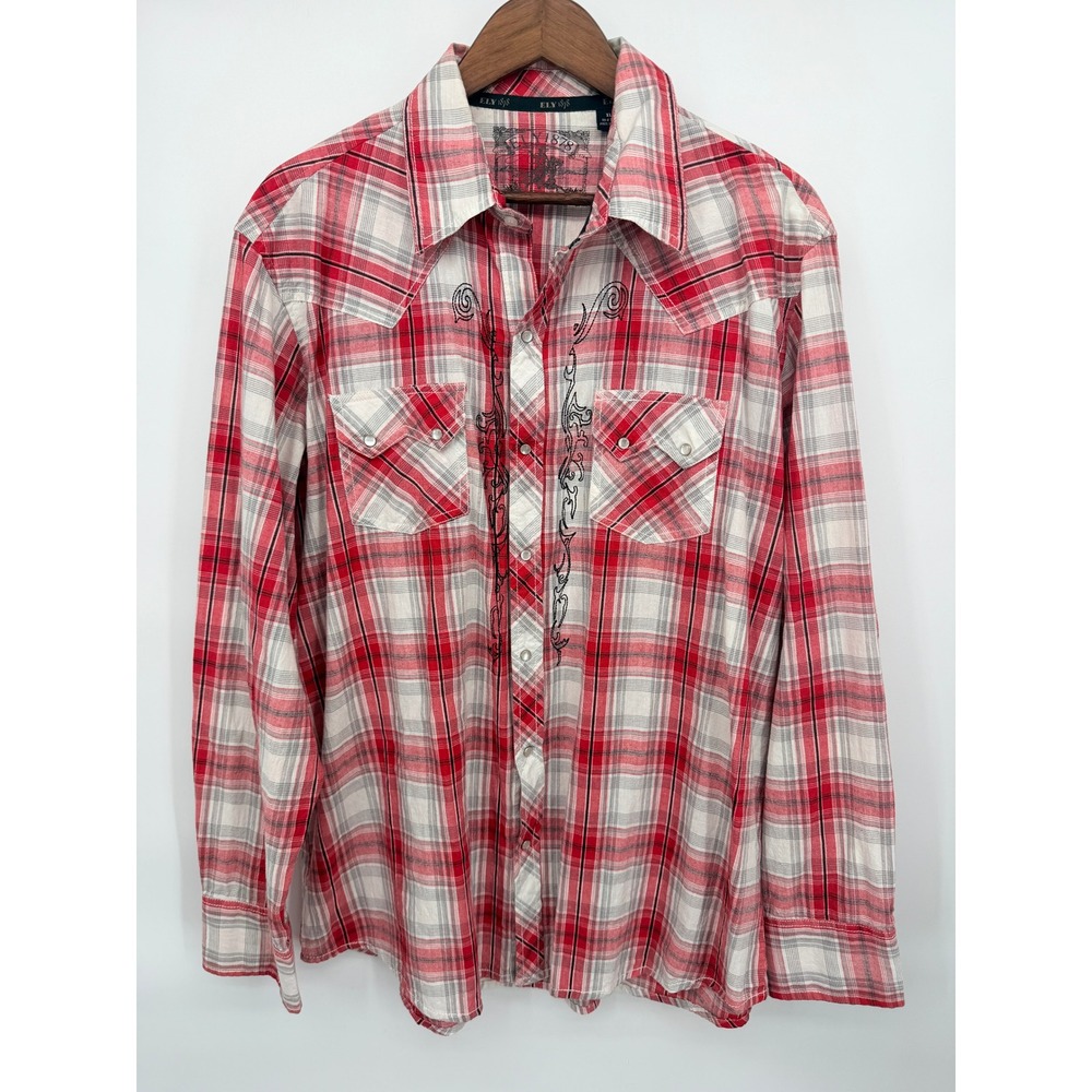 Ely 1878 Western Shirt Mens XL Red Plaid Embroidered Pearl Snap Excellent Yoke